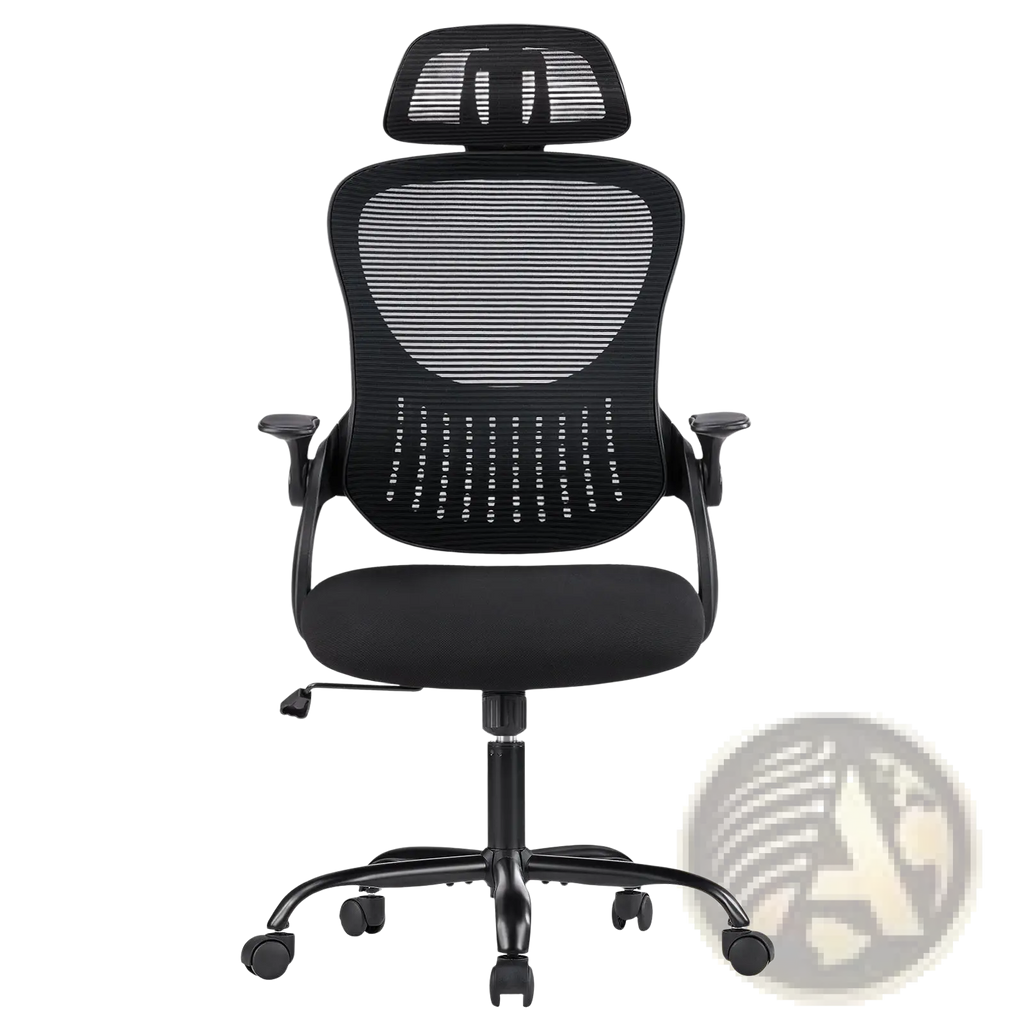Ergonomic black mesh office chair with padded seat headrest adjustable flip up armrests and five-wheel base
