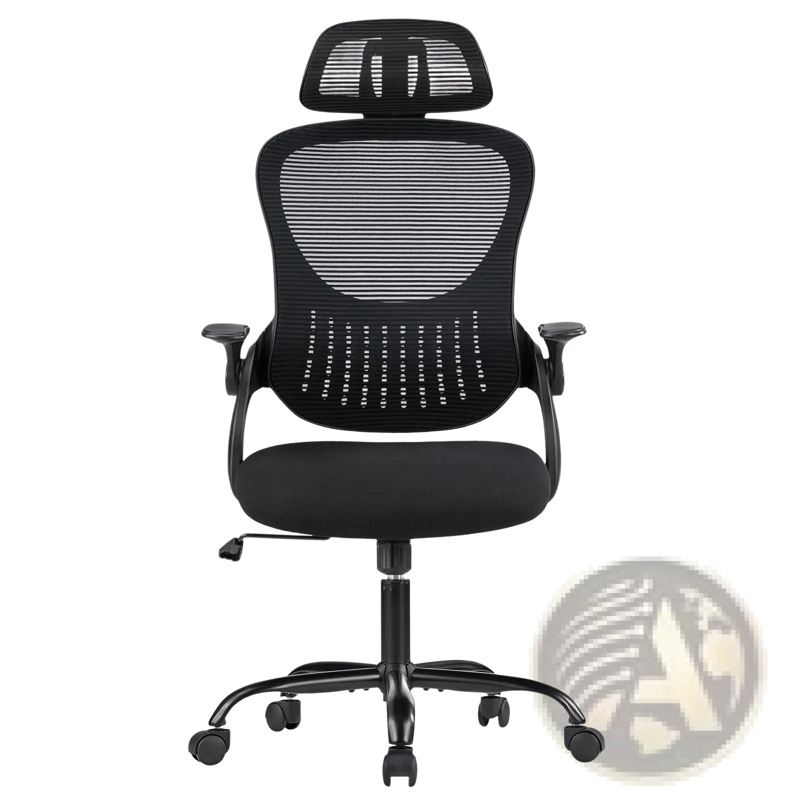 Ergonomic black mesh office chair with padded seat headrest adjustable flip up armrests and five-wheel base