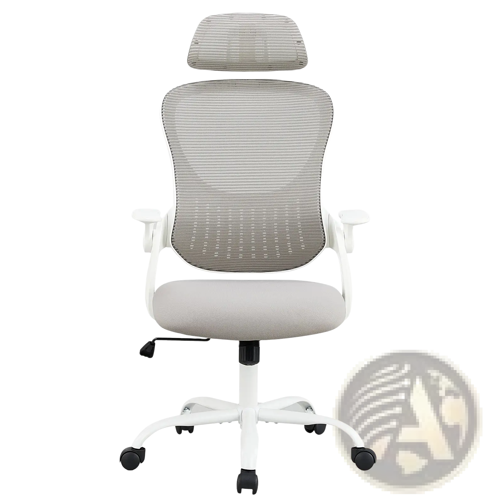 Ergonomic mesh office chair with gray mesh back and seat, white plastic frame, black casters, and adjustable headrest