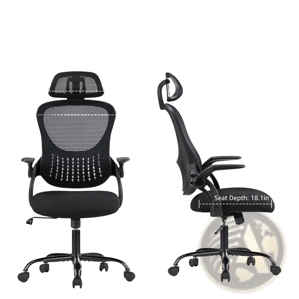 Black ergonomic mesh office chair with padded seat adjustable headrest and flip up armrests shown from the back side