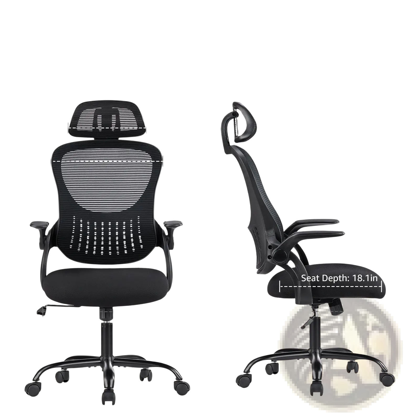 Black ergonomic mesh office chair with padded seat adjustable headrest and flip up armrests shown from the back side
