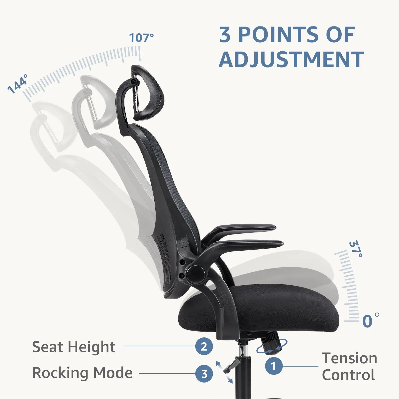 Black ergonomic mesh office chair with adjustable headrest and flip up armrests shown from the back side