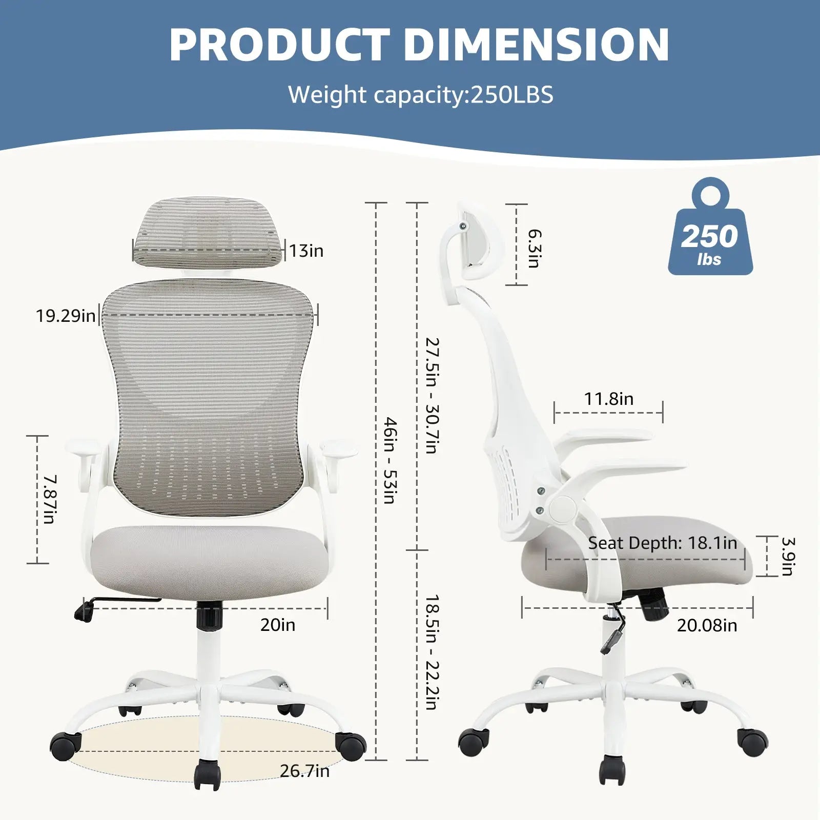 White ergonomic mesh office chair with flip up arms featuring adjustable armrests and headrest for office use