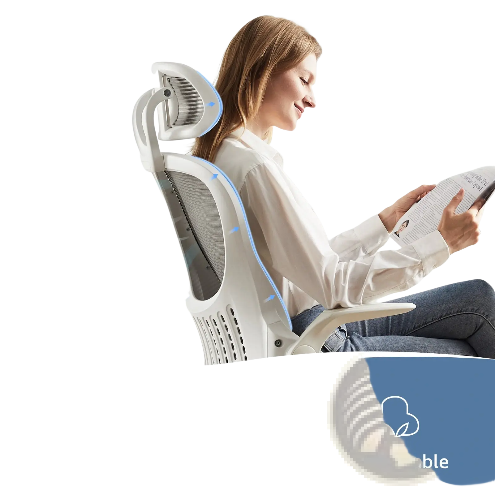 White ergonomic mesh office chair with flip up arms and blue accent lighting shown from the back side
