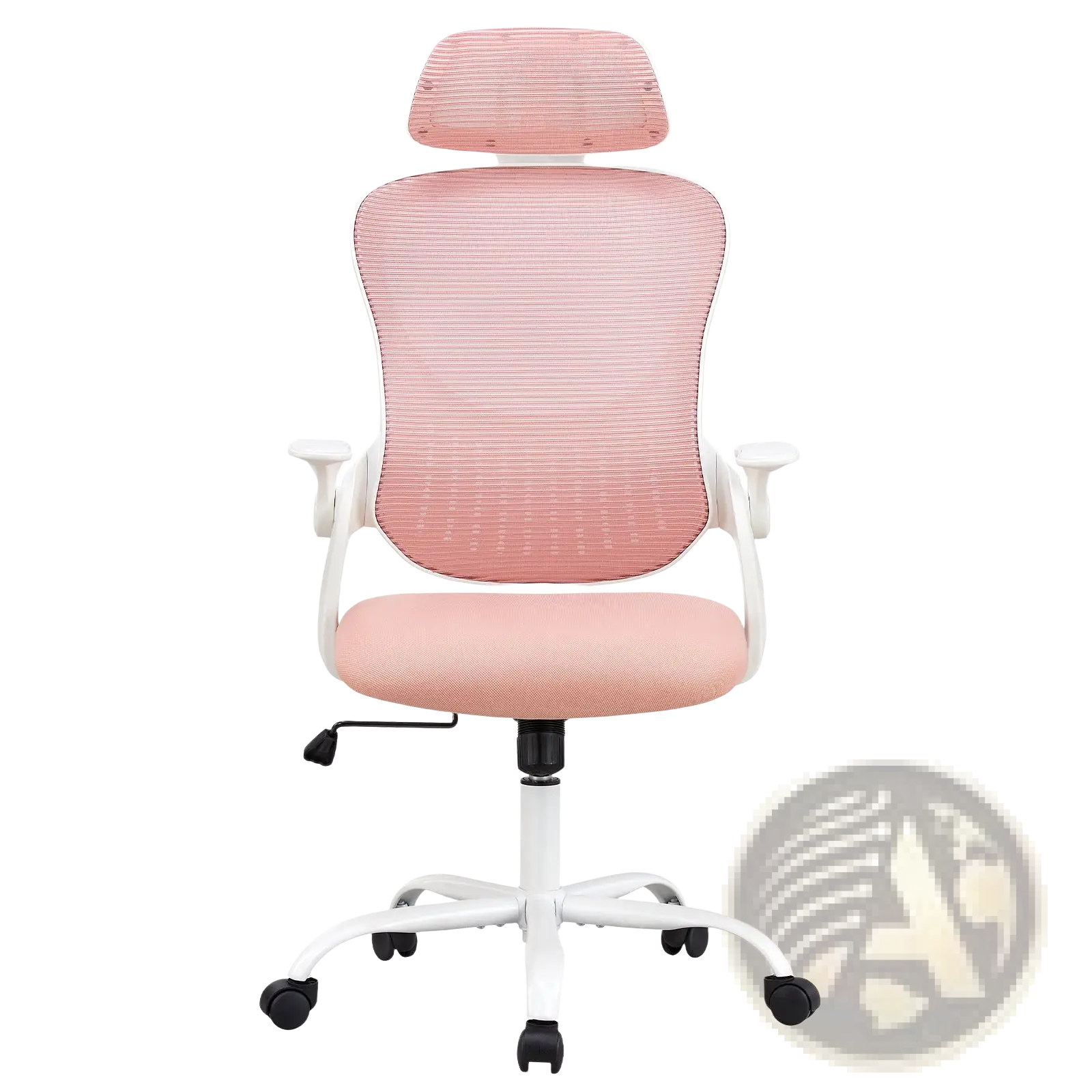 Ergonomic mesh office chair with flip up arms in pink mesh, white frame, and black casters for comfortable work seating