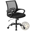 Black ergonomic mesh office chair with lumbar support, padded seat, armrests, and five-star caster base