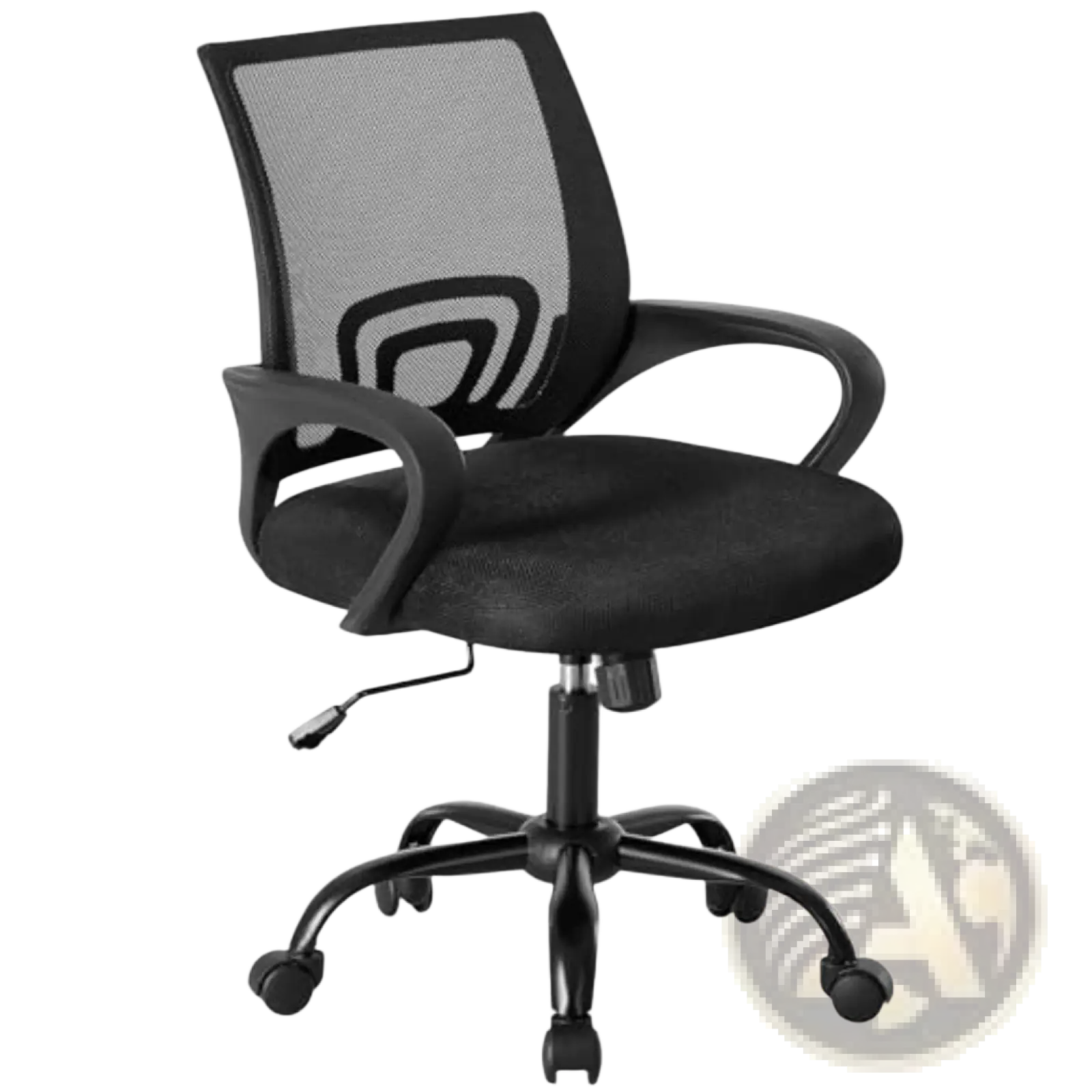 Black ergonomic mesh office chair with lumbar support, padded seat, armrests, and five-star caster base
