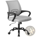 Ergonomic mesh office chair with lumbar support in gray mesh with black armrests and base shown from the back side