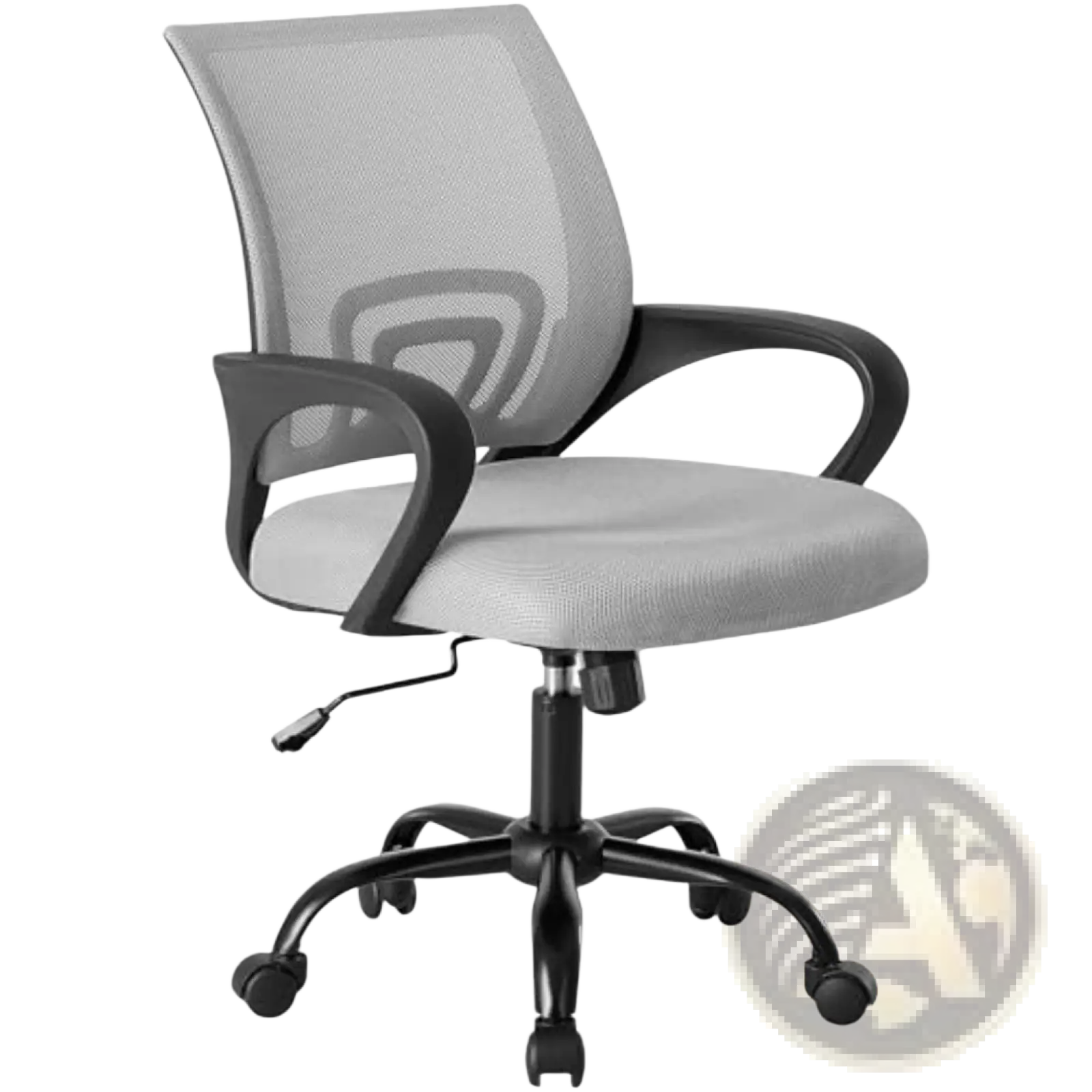 Ergonomic mesh office chair with lumbar support in gray mesh with black armrests and base shown from the back side