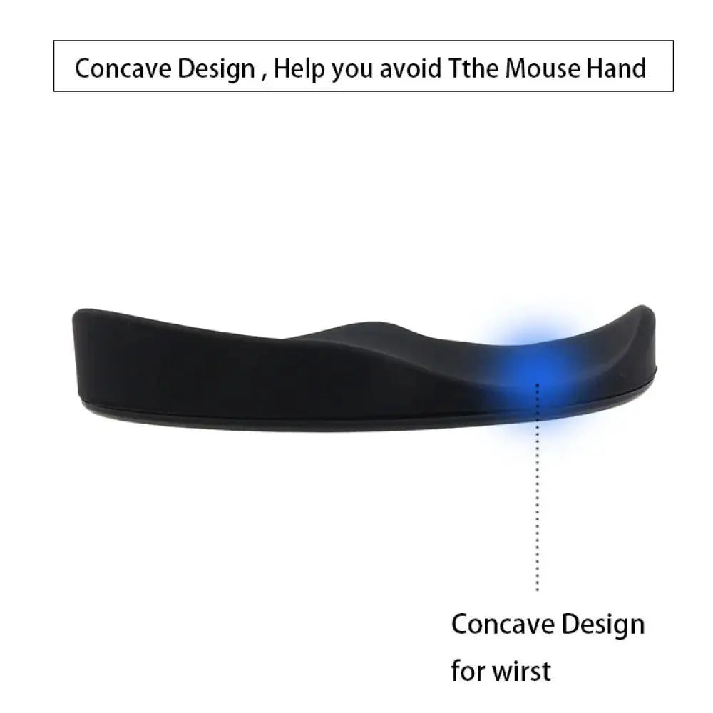Ergonomic silicone gel mouse wrist rest in black with concave ergonomic design and gliding base for comfortable support