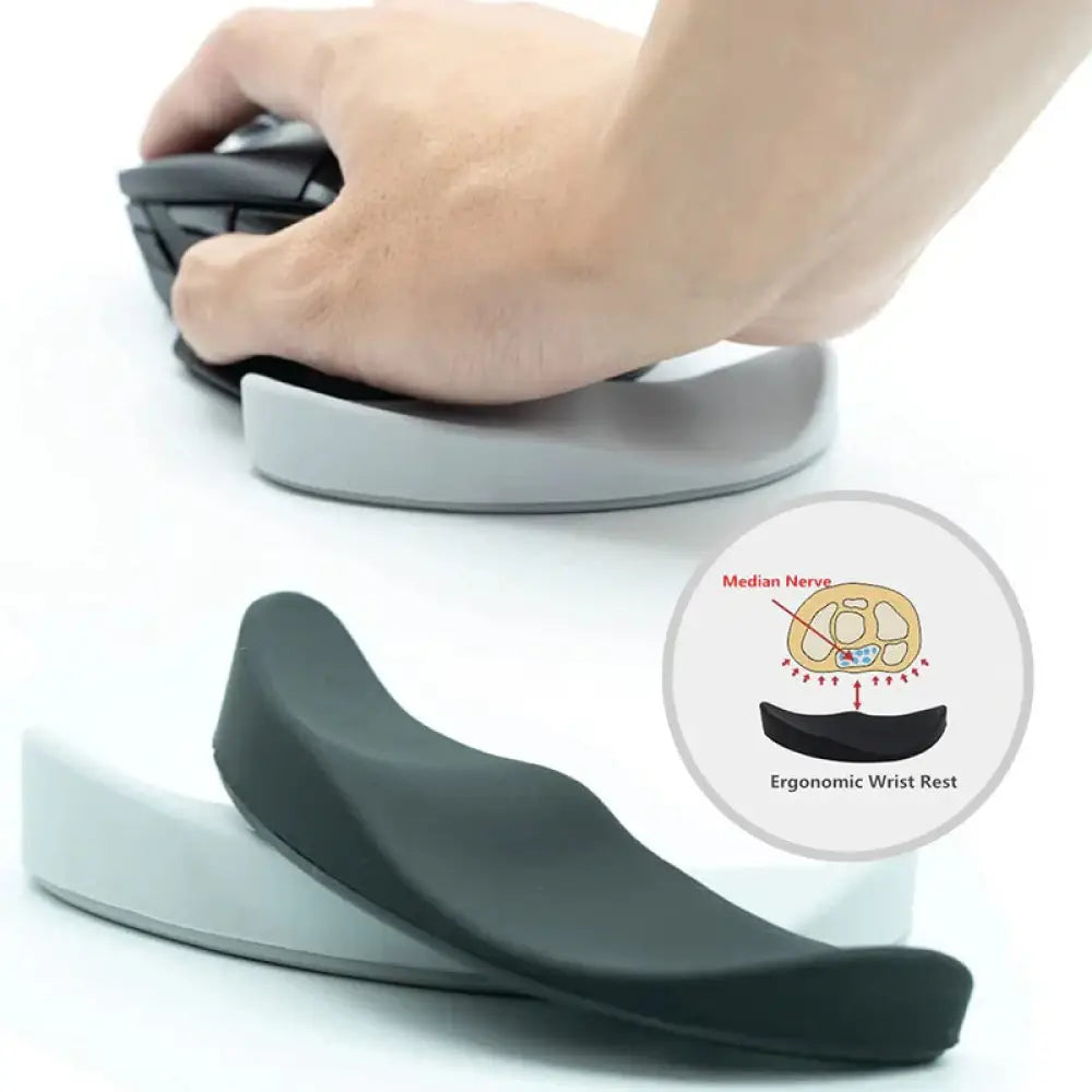 Gray ergonomic silicone gel mouse wrist rest with contoured shape and cushioned surface for computer use