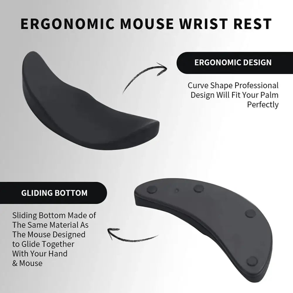 Black ergonomic silicone gel mouse wrist rest with smooth curved surface and sliding bottom for seamless gliding