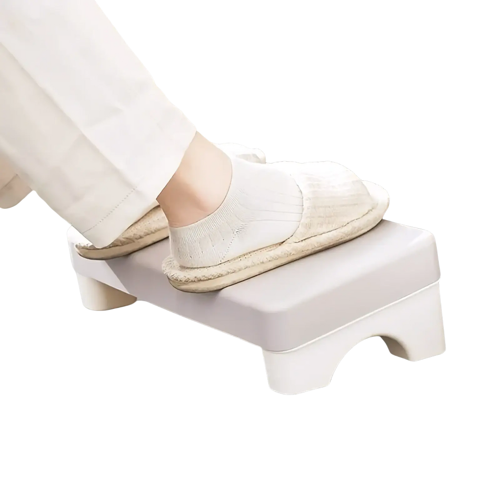 White ergonomic pp plastic office footrest with rounded edges and central arch design for under desk use