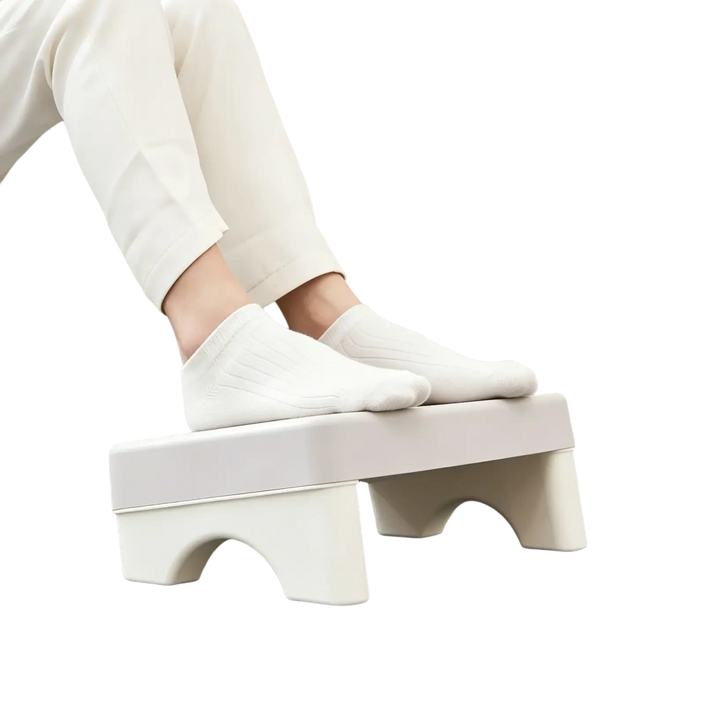 White ergonomic pp plastic office footrest with curved legs and smooth rectangular top for under desk use