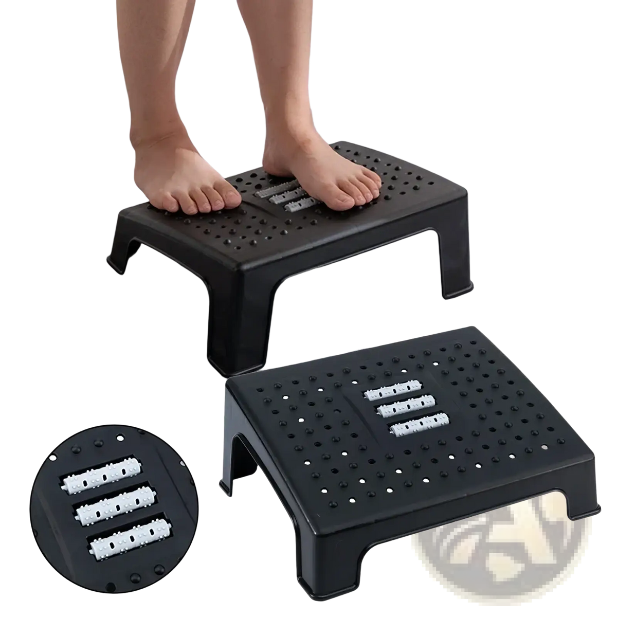Ergonomic under desk black plastic footstool with perforated top surface and three white textured massage rollers