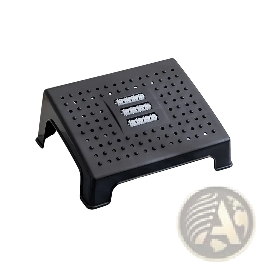 Ergonomic under desk black plastic footrest with perforated surface and three integrated usb ports for comfort