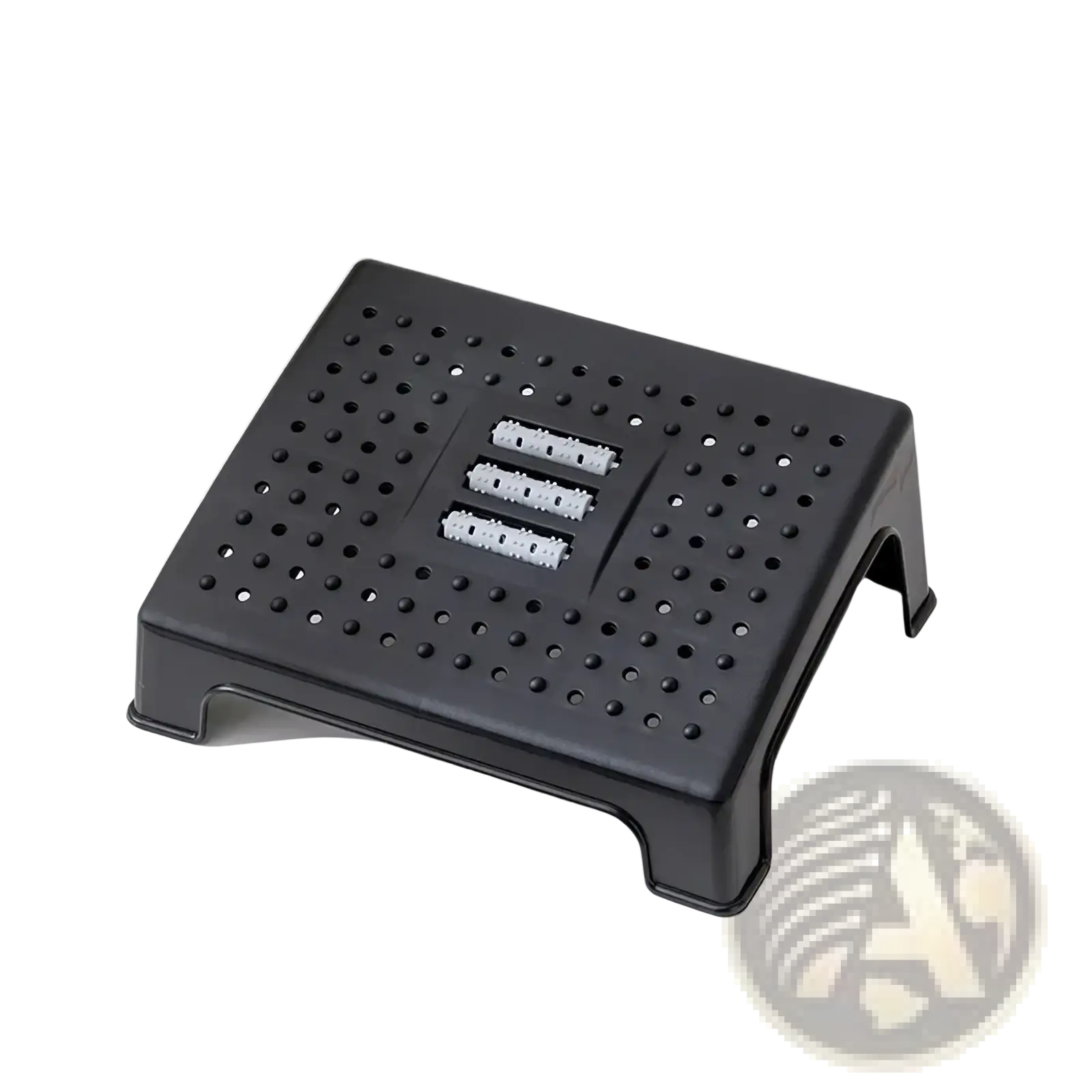 Black plastic ergonomic under desk foot rest with massage rollers and three usb ports on perforated surface