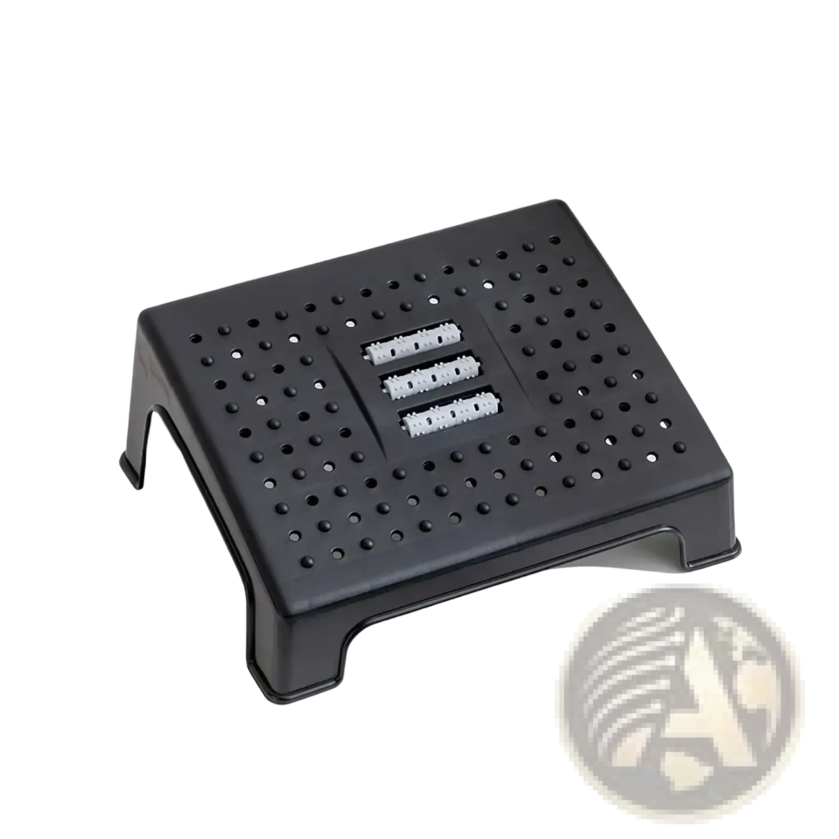 Black plastic ergonomic under desk footrest with perforated surface and three integrated massage rollers