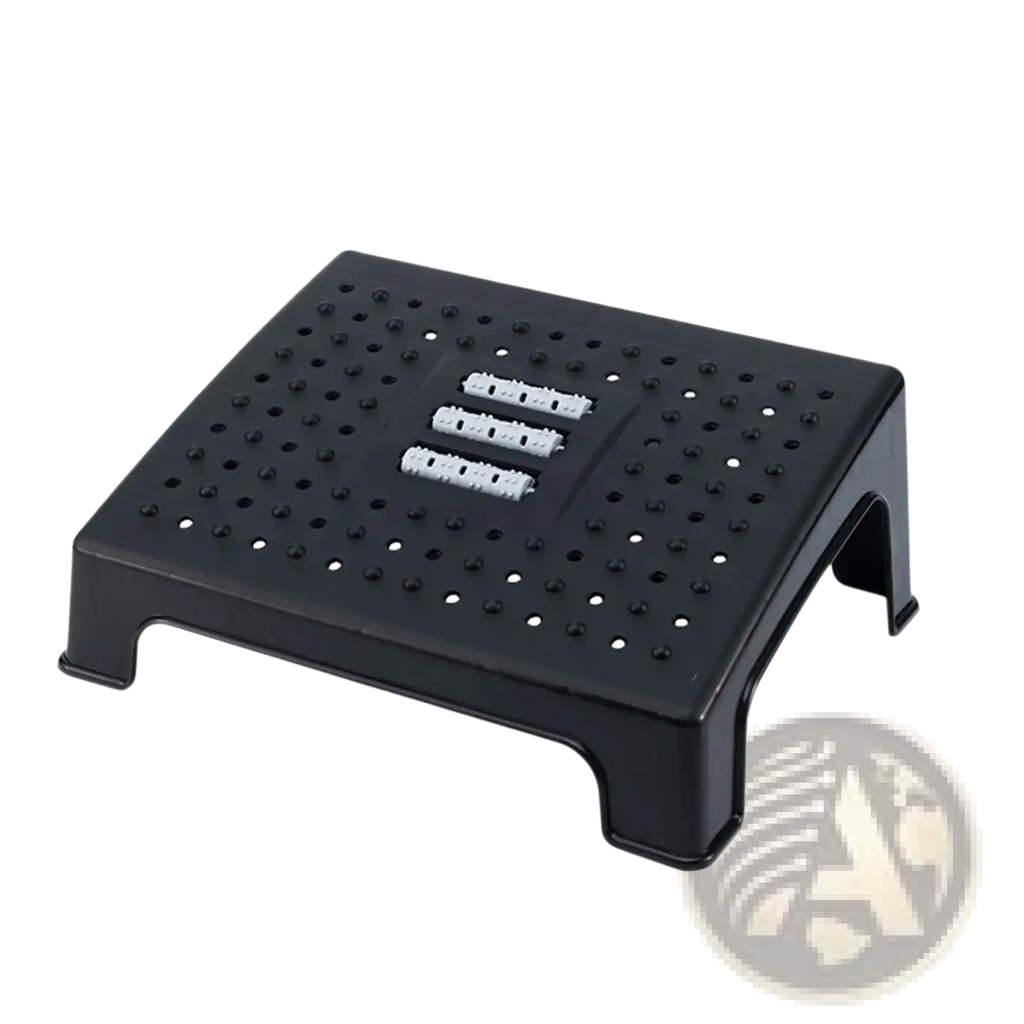 Ergonomic under desk black plastic footrest with perforated surface massage rollers and three white usb ports
