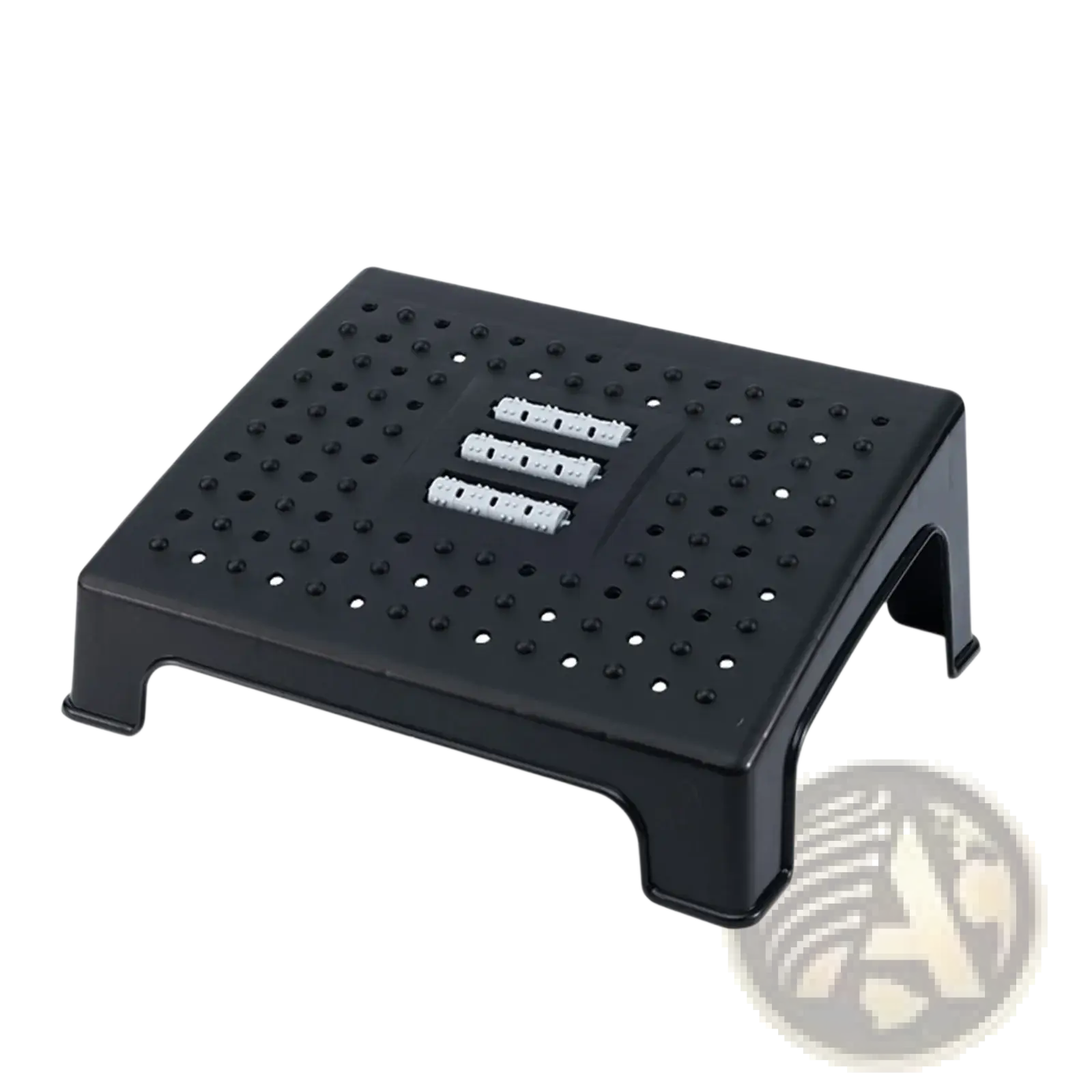 Ergonomic under desk black plastic footrest with perforated surface massage rollers and three white usb ports