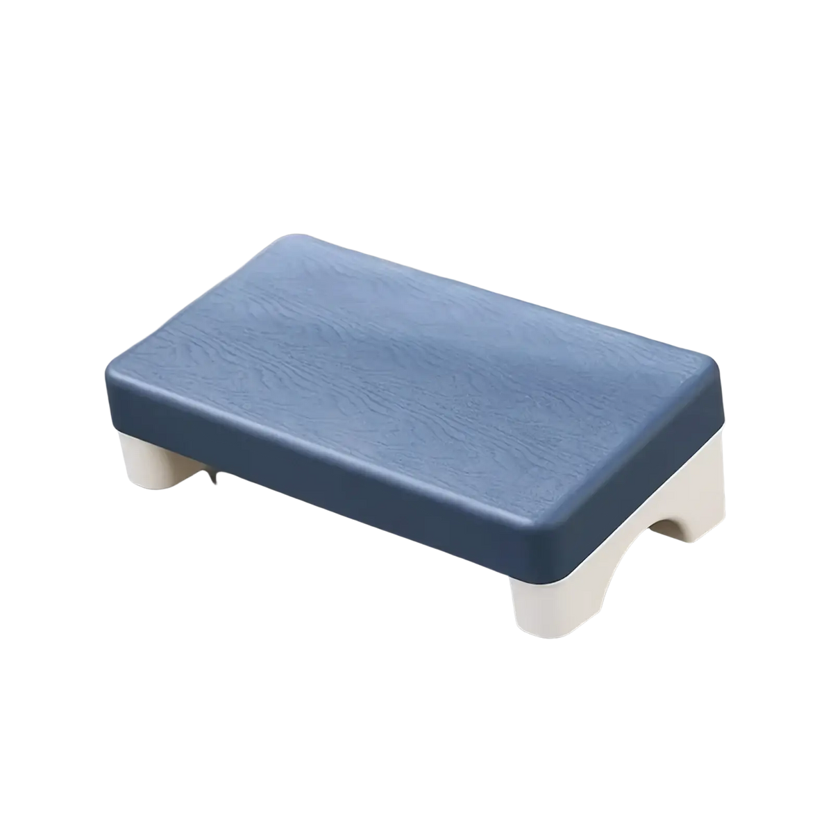 Ergonomic under desk plastic footrest in blue and white with a wood-grain textured top surface for comfort