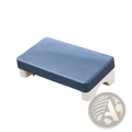 Ergonomic under desk plastic footrest in blue and white with a wood-grain textured top surface for comfort