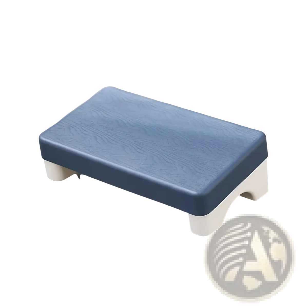 Ergonomic under desk plastic footrest in blue and white with a wood-grain textured top surface for comfort