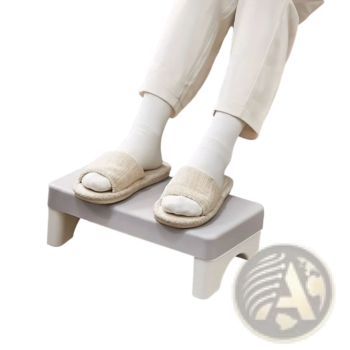 Light gray ergonomic under desk plastic footrest with rounded edges and sturdy slightly curved legs for comfort