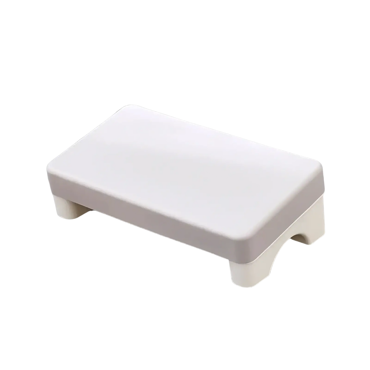A sleek white plastic ergonomic under desk footrest with rounded edges and sturdy foot supports
