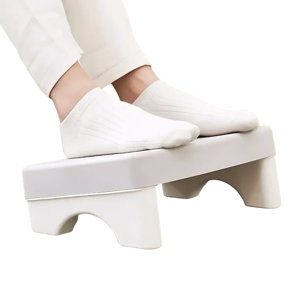 Ergonomic under desk white plastic footrest with curved sturdy legs and smooth minimalist design for comfort