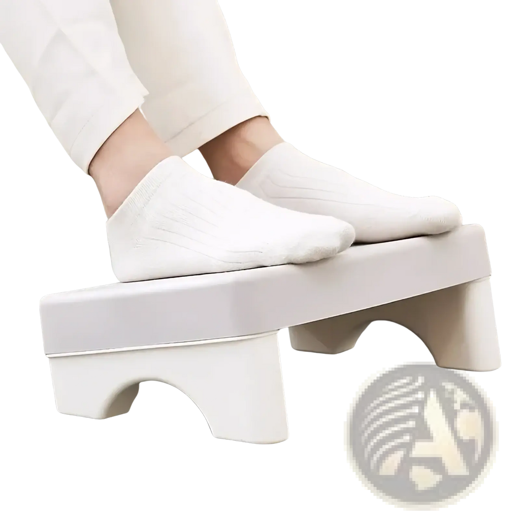 Ergonomic under desk white plastic footrest with curved sturdy legs and smooth minimalist design for comfort