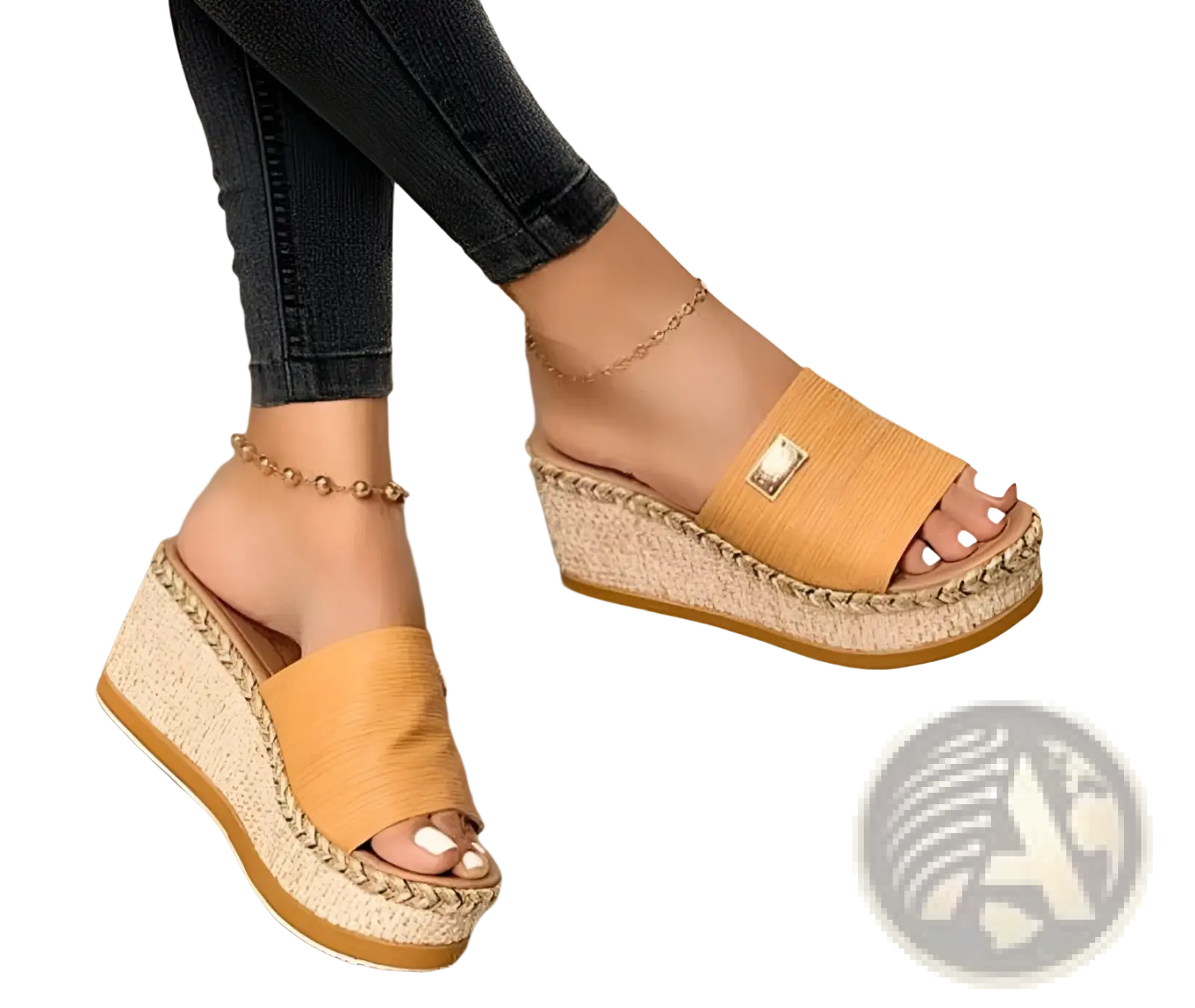 Espadrille wedge sandals in tan leather look with braided jute sole and metallic buckle accents
