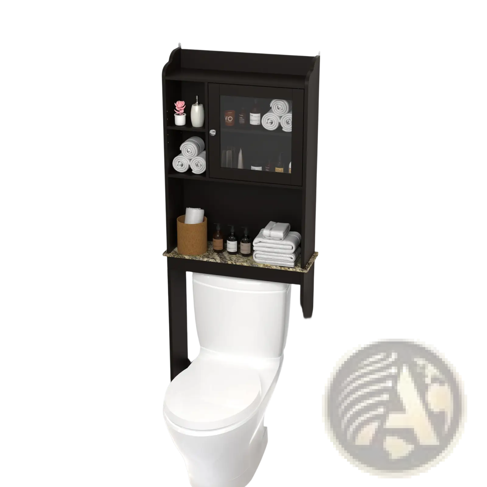 Espresso over the toilet wood storage cabinet with black finish glass door and marble countertop for bathroom organization