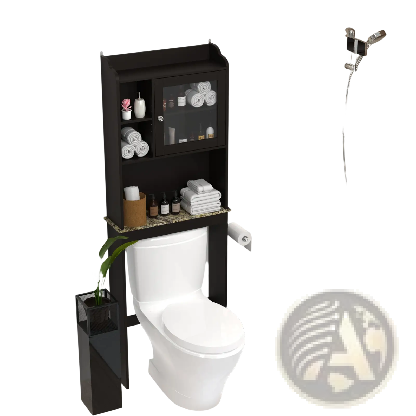 Espresso over the toilet wood storage cabinet in black with glass door and granite countertop for bathroom use