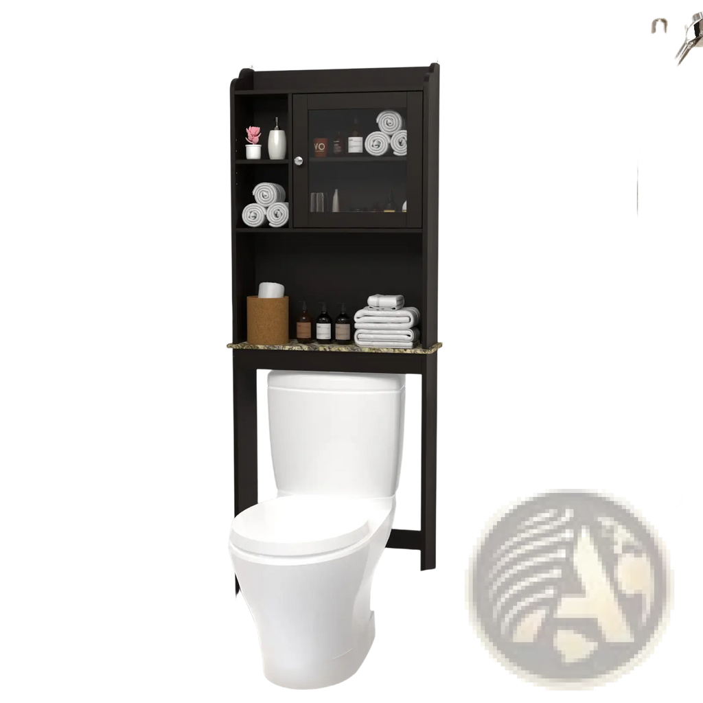 Black espresso over the toilet wood storage cabinet with glass door and marble countertop for bathroom organization