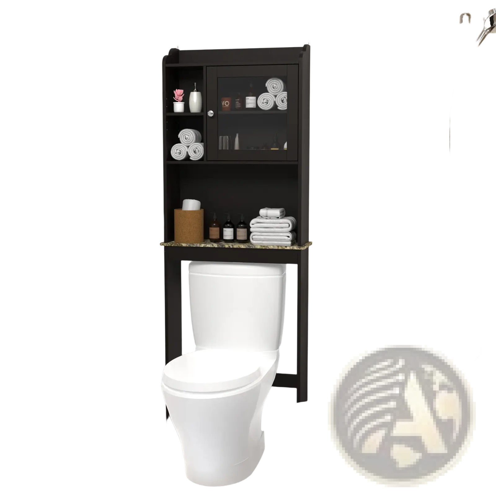 Black espresso over the toilet wood storage cabinet with glass door and marble countertop for bathroom organization