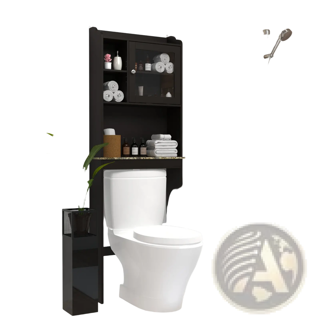 Black glossy wood over the toilet storage cabinet with glass door and open shelving above white toilet