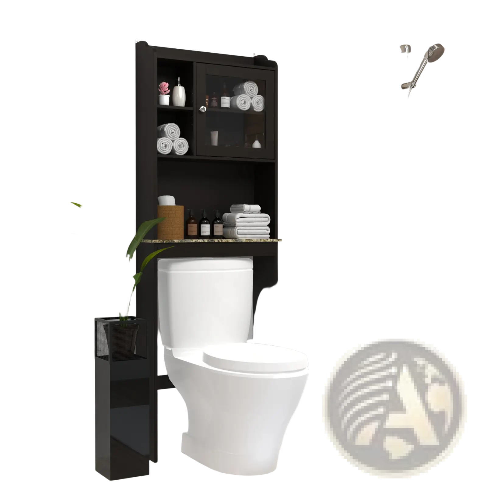 Black glossy wood over the toilet storage cabinet with glass door and open shelving above white toilet