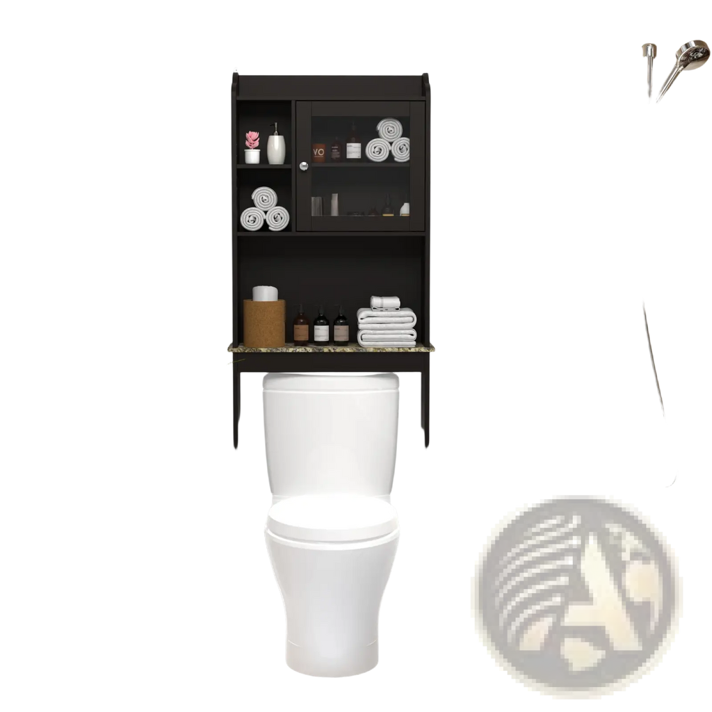 Black over the toilet wood storage cabinet with glass door and marble countertop for bathroom organization