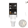 Black over the toilet wood storage cabinet with glass door and marble countertop for bathroom organization