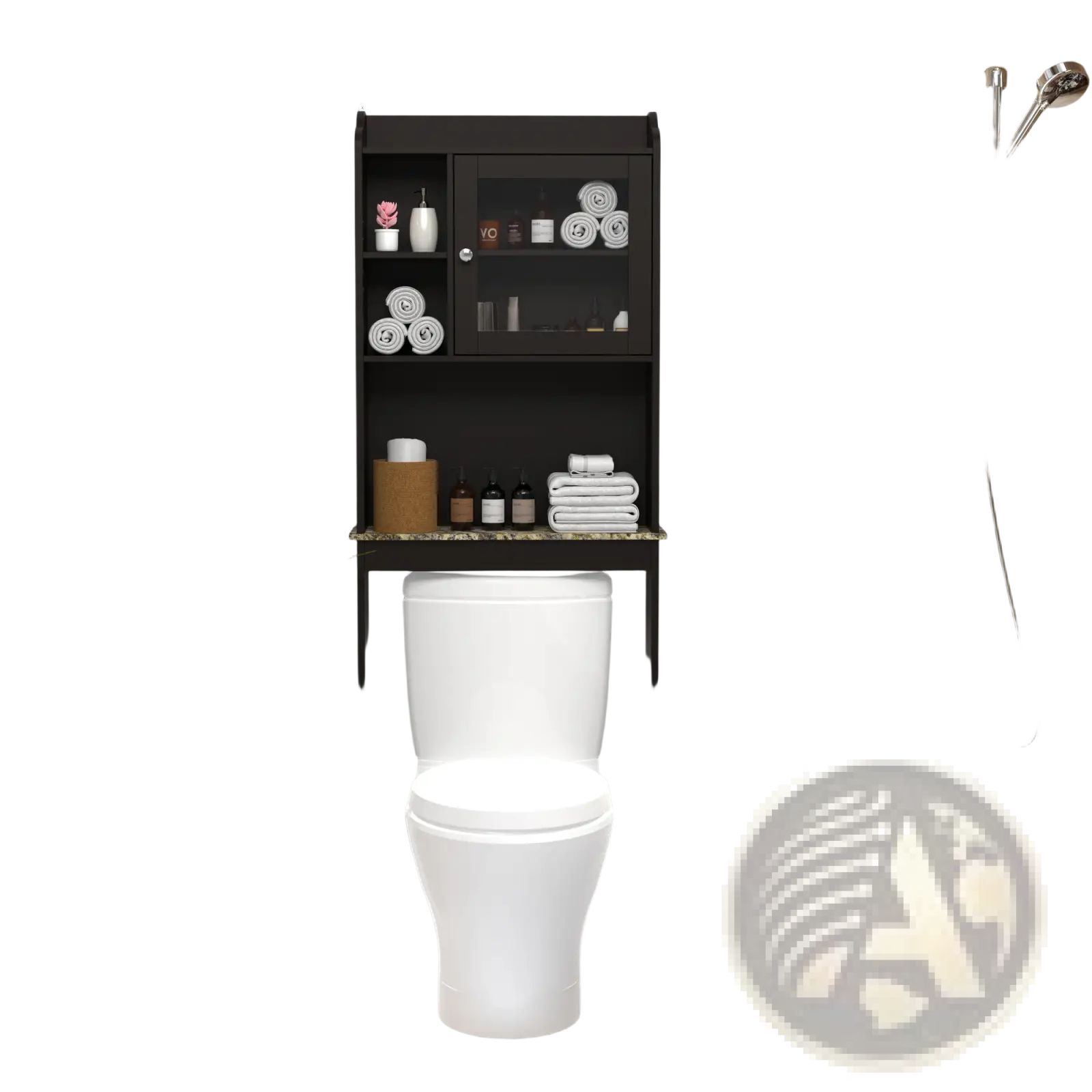 Black over the toilet wood storage cabinet with glass door and marble countertop for bathroom organization