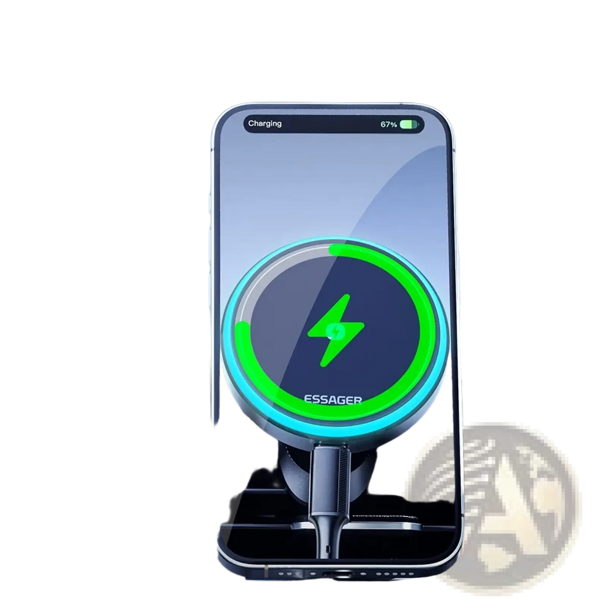 Essager 15w magnetic wireless car charger mount with circular charging pad and glowing green and blue led lights