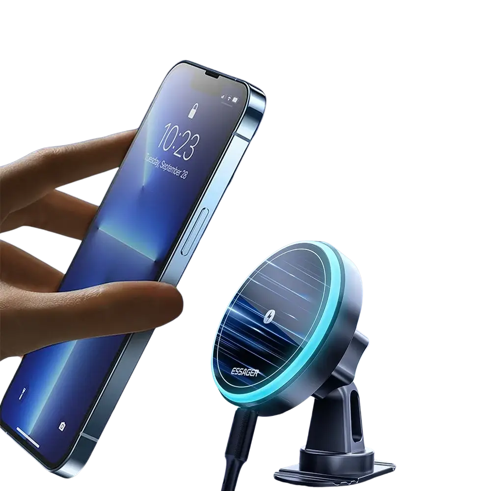 Essager 15w magnetic wireless car charger mount with sleek circular design black base and glowing blue led ring