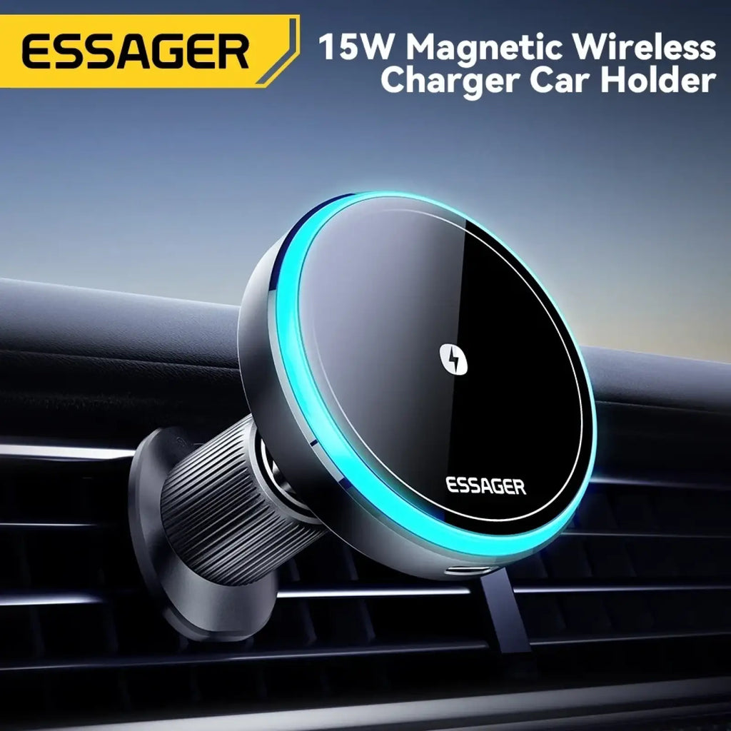 Essager 15w magnetic wireless car charger mount in black and silver with glowing blue led ring on circular pad