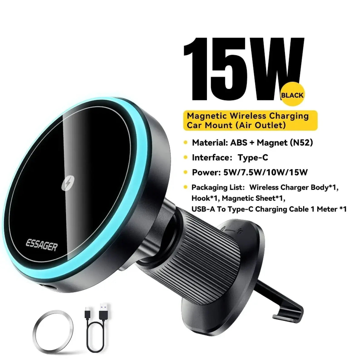 Black essager 15w magnetic wireless car charger mount with glowing blue led ring and textured grip