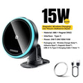 Essager 15w black circular magnetic wireless car charger mount with glowing blue led ring and abs plastic body