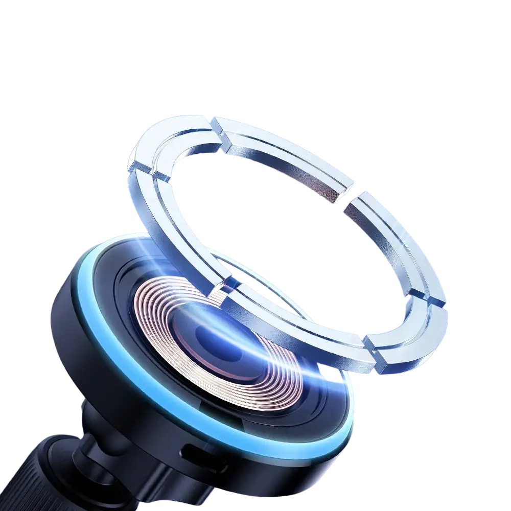 Essager 15w magnetic wireless car charger mount with sleek black and silver design and glowing blue accents around base