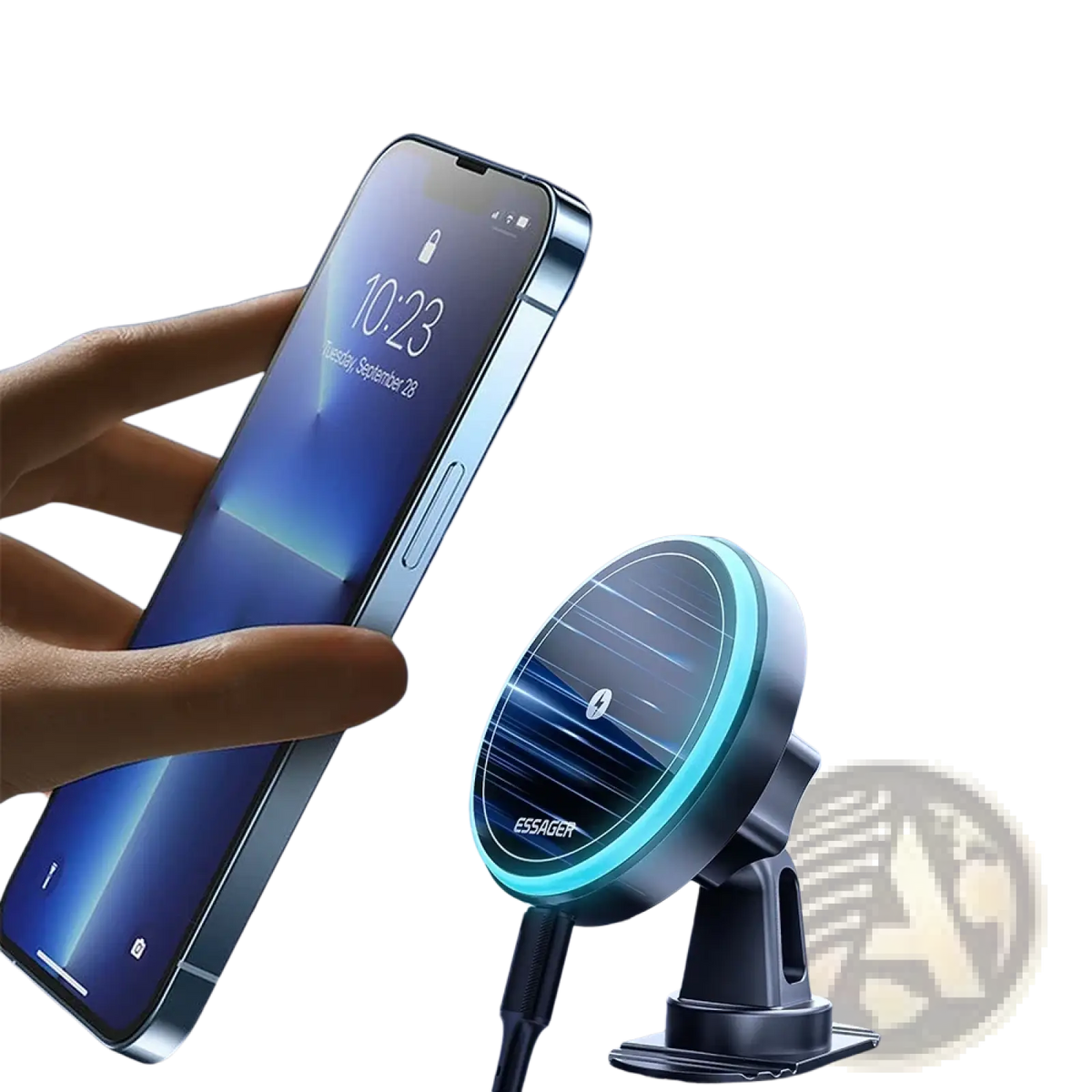 Essager 15w magnetic wireless car charger mount with sleek circular design black base and glowing blue led ring