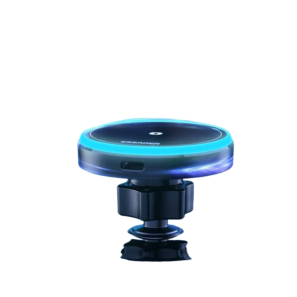 Essager 15w magnetic wireless car charger mount with a glowing blue ring and black base for secure phone mounting