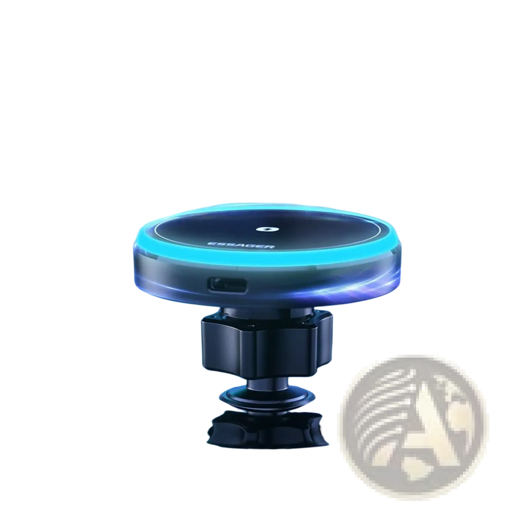 Essager 15w magnetic wireless car charger mount with a glowing blue ring and black base for secure phone mounting